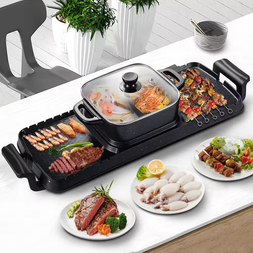 2-In-1 Electric Grill and Hot Pot, 2400 Watt BBQ Pan Grill and Hot Pot, Multi-Functional Teppanyaki Grill Pot, Smokeless