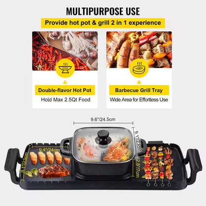 2-In-1 Electric Grill and Hot Pot, 2400 Watt BBQ Pan Grill and Hot Pot, Multi-Functional Teppanyaki Grill Pot, Smokeless