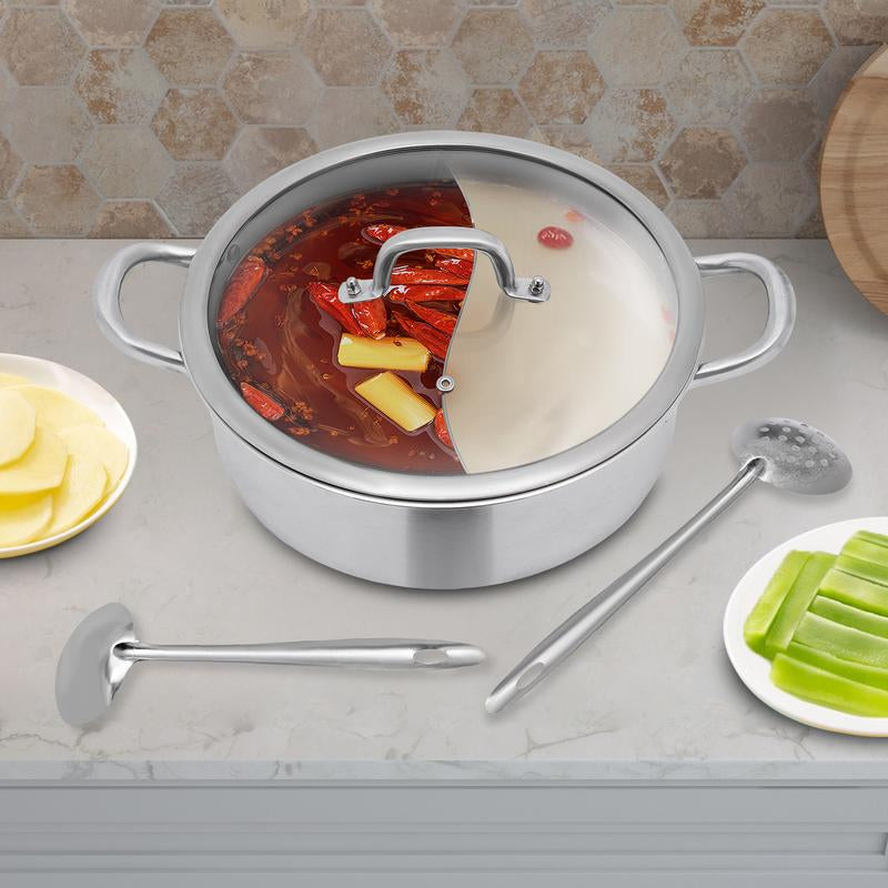 Stainless Steel Hot Pot with Divider, Pot with Glass Lid, Hot Pot with Spoon/ Leaky Spoon Kitchenware Vegetable