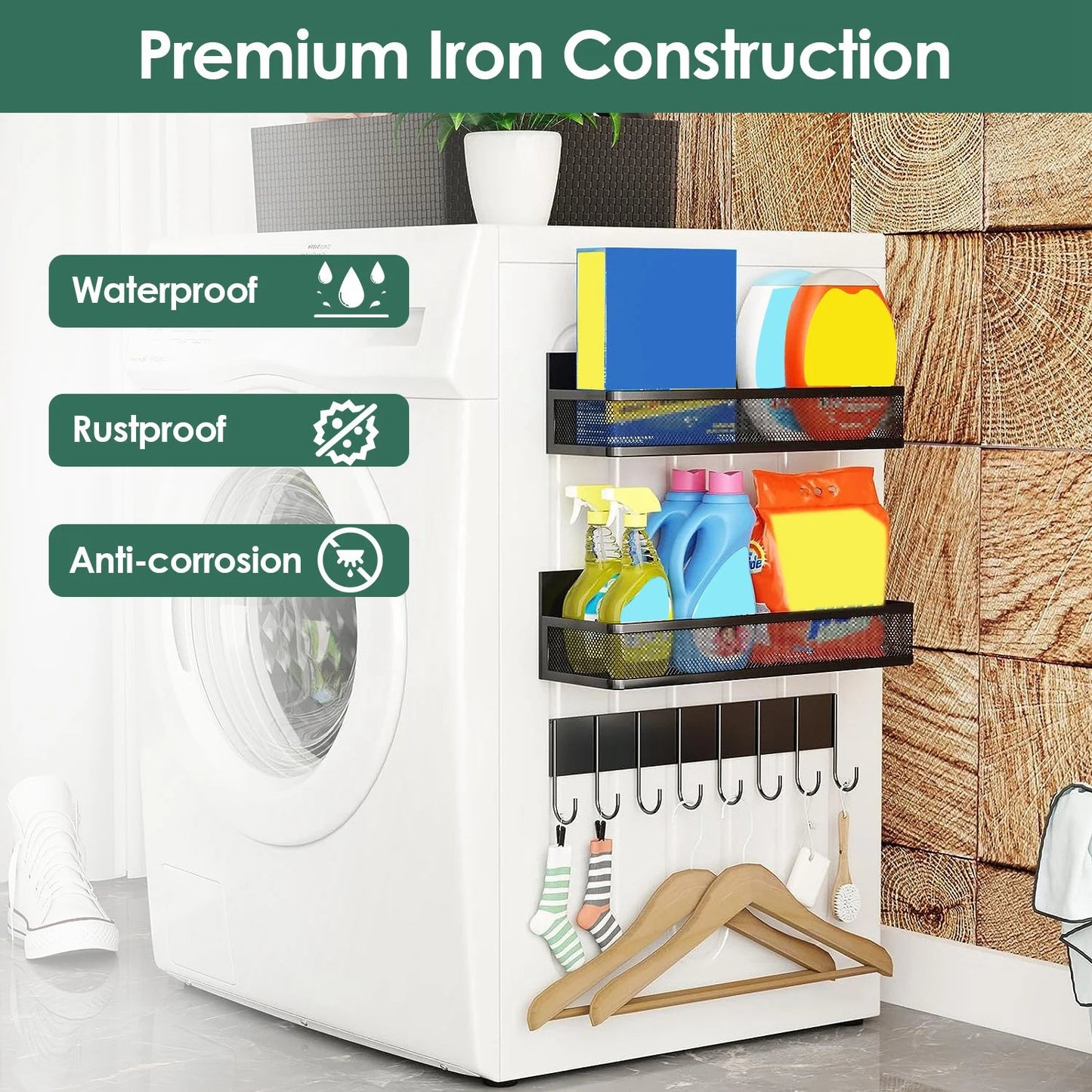 3 Pack Magnetic Shelf, Magnetic Spice Rack for Refrigerator, Fridge Organizer with 8-Hook Rack for Kitchen Organization and Storage, White