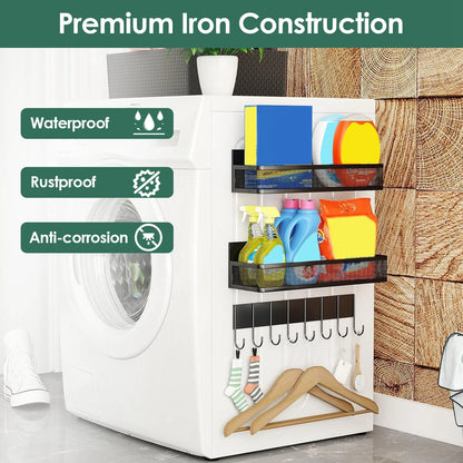 3 Pack Magnetic Shelf, Magnetic Spice Rack for Refrigerator, Fridge Organizer with 8-Hook Rack for Kitchen Organization and Storage, White