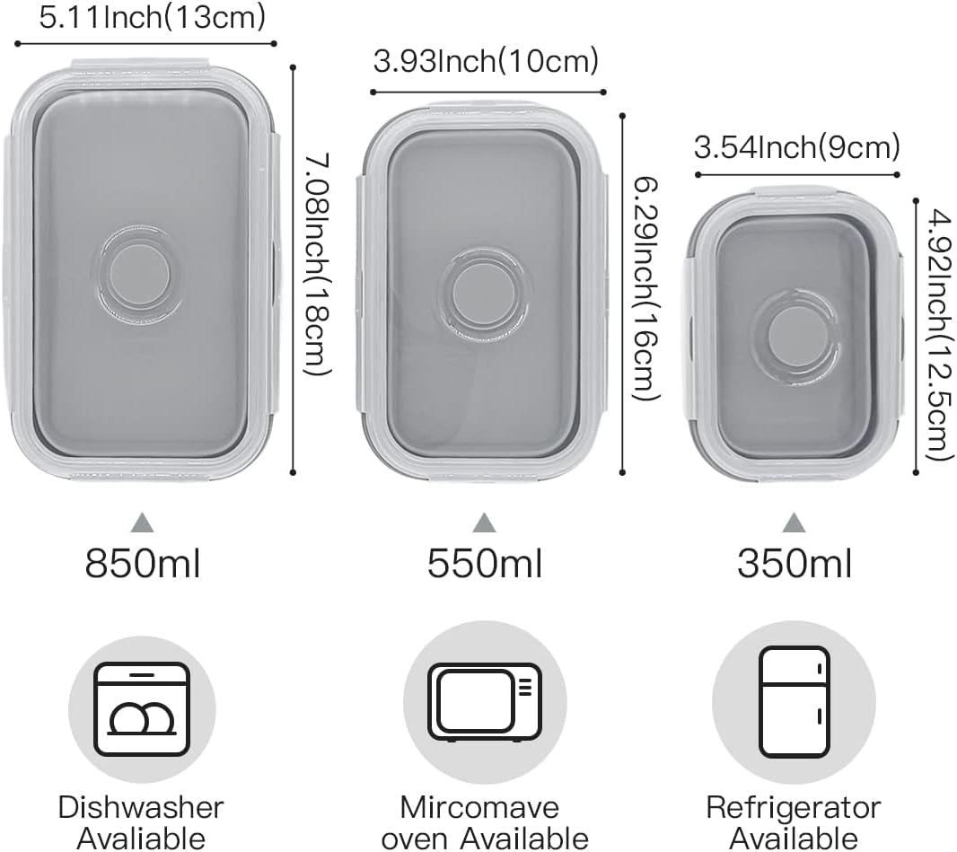 Collapsible Silicone Lunch Bento Box, Portable Food Storage Container Outdoor Picnic Box Space Saving, Microwave, Dishwasher and Freezer Safe, 3 Pcs Set (Grey)