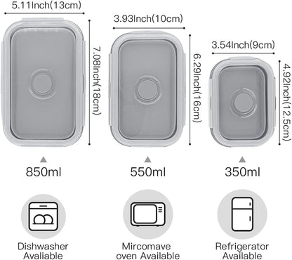 Collapsible Silicone Lunch Bento Box, Portable Food Storage Container Outdoor Picnic Box Space Saving, Microwave, Dishwasher and Freezer Safe, 3 Pcs Set (Grey)