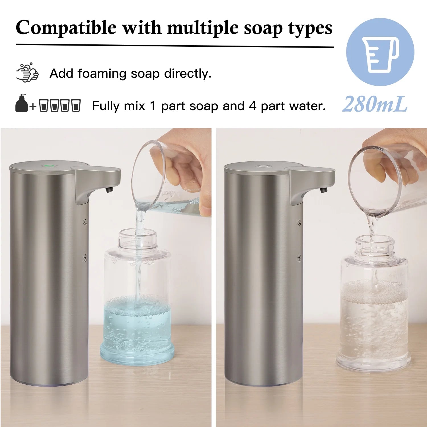 Soap Dispenser, Rechargeable Automatic Soap Dispenser Stainless Steel Touchless Foaming Soap Dispenser for Bathroom Auto Hand Soap Dispenser for Kitchen, Silver, Xmas Gift,9Oz