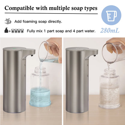 Soap Dispenser, Rechargeable Automatic Soap Dispenser Stainless Steel Touchless Foaming Soap Dispenser for Bathroom Auto Hand Soap Dispenser for Kitchen, Silver, Xmas Gift,9Oz