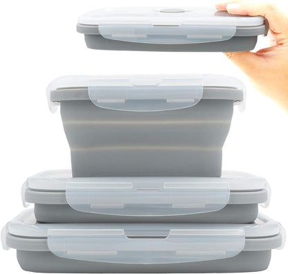 Collapsible Silicone Lunch Bento Box, Portable Food Storage Container Outdoor Picnic Box Space Saving, Microwave, Dishwasher and Freezer Safe, 3 Pcs Set (Grey)