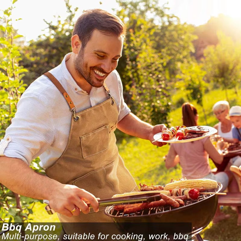 Kitchen Household Cooking Canvas Apron Oil-Proof Waterproof Can Wipe Hands Men Women Adult with Tool Pockets Fashion Coffee Over