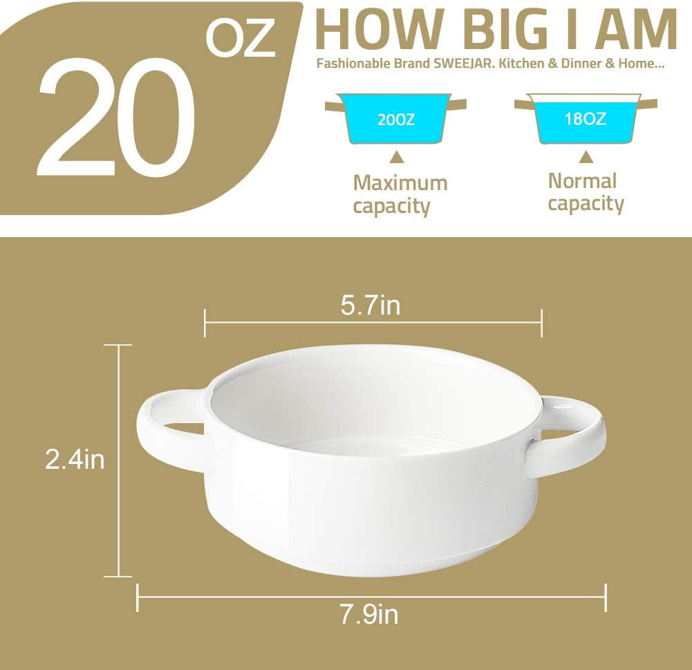 Ceramic Soup Bowls with Double Handles, 20 Oz Stacked Bowls for French Onion Soup, Cereal, Pot Pies, Stew, Chill, Pasta, Set of 4 (Jade)