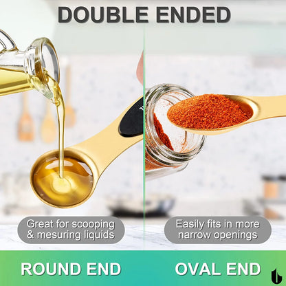 Magnetic Measuring Spoons Set Stainless Steel, Dual Sided for Liquid Dry Food, Measuring Cups Spoons Set Fits in Spice Jar, Kitchen Gadgets, Cooking Utensils Set, Including Leveler, Gold